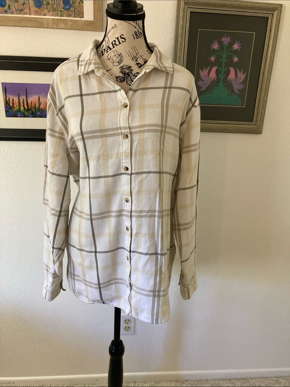 Jachs Girlfriend Beige and White Plaid Shirt Size XXL